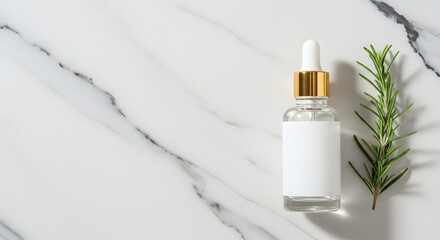 Skincare dropper bottle and rosemary leaf on marble