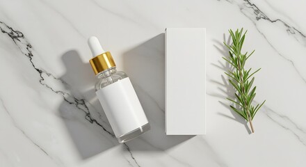 White skincare dropper bottle with box and herbs on marble
