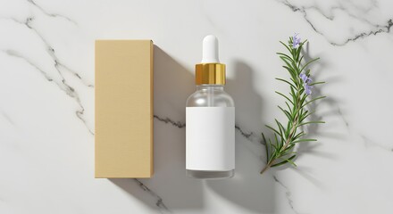 Dropper bottle and gold box on marble with herb