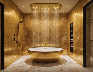 Luxurious gold-themed bathroom with a modern freestanding tub and stunning rainfall shower.