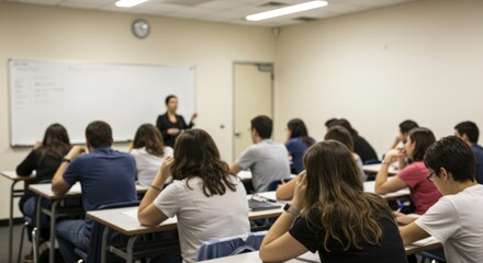 Teacher explaining lesson to attentive students in classroom