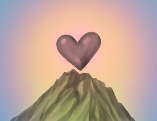 Pink Heart Above Dreamy Mountain Peak