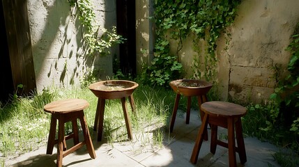 Obraz premium Rustic wooden stools in overgrown garden natural light photography serene atmosphere