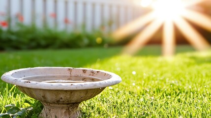 Bird bath reflection garden nature scene sunlit grass close-up serenity and peace