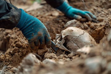 Obraz premium Archaeologist Carefully Excavating Fossilized Artifact Bones Skeletons in Field, Generative AI
