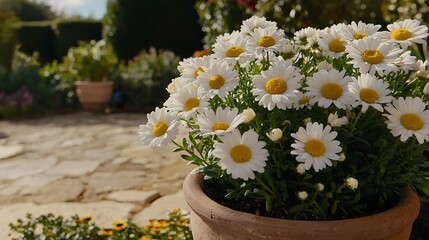 Vibrant daisies in a garden pot outdoor setting nature photography colorful environment close-up view