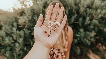 Woman holding wildflowers outdoor setting personal moment nature close-up view serenity and beauty