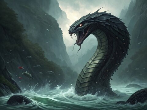 Majestic kaliya coiling amidst stormy waters with looming mountains in the background