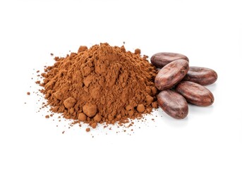 Pile of cocoa powder with cocoa beans beside it
