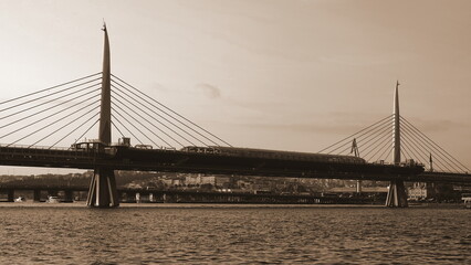 Suspension Bridge Elegant Side View Sepia Urban Landscape Water