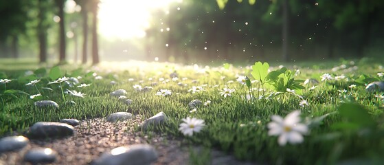 Morning dew on wildflowers park pathway nature scene serene environment close-up view tranquility