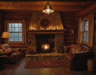 Cozy rustic living room with a stone fireplace and warm lighting, inviting relaxation and comfort.