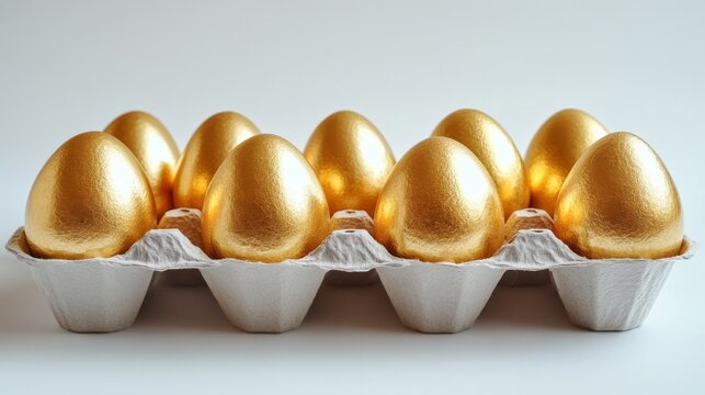 a dozen radiant golden eggs arranged neatly in a carton, their reflective surfaces gleaming under soft, diffused lighting the eggs rest securely in their molded slots, symbolizing wealth preservation