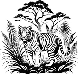 A wild striped zebra and a majestic tiger, both beautiful mammals with distinct patterns, are depicted with floral illustrations in this nature-inspired vector art
