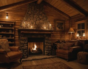 Cozy rustic interior with stone fireplace, warm lighting, and wood accents, inviting relaxation and comfort.