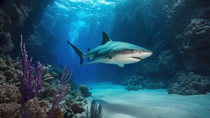 Obraz premium Shark Swimming Through Coral Canyon in Deep Ocean