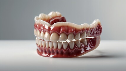 Realistic 3D modeled dentures consisting of upper and lower jaws on a gray background. Detailed teeth with natural shades and texture.