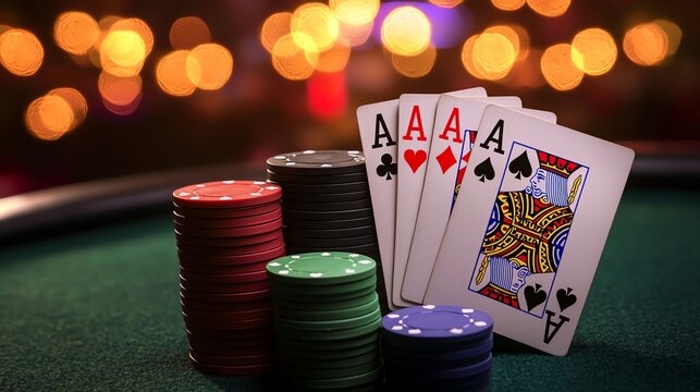 Stack of poker chips with playing cards.