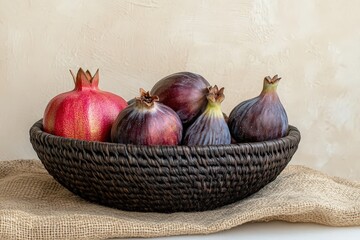 Dark woven bowl holds ripe figs and pomegranate.