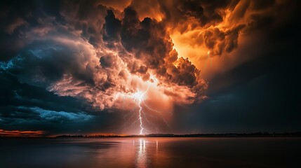 Dramatic lightning storm over dark water landscape with fiery cloudscape sky sea blue epic view power