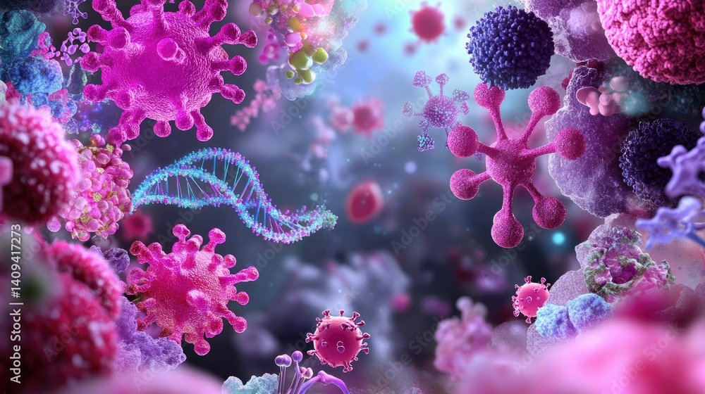 Aufkleber vibrant microscopic view of colorful cells and pathogens in various shapes