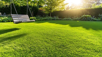 Nature's serenity lush green lawn with swing in tranquil garden outdoor scene morning light