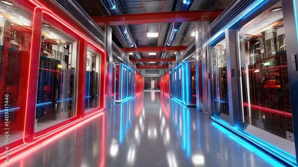 Aufkleber data center's digital vista: experience the expansive scale of a modern data center. vibrant neon li