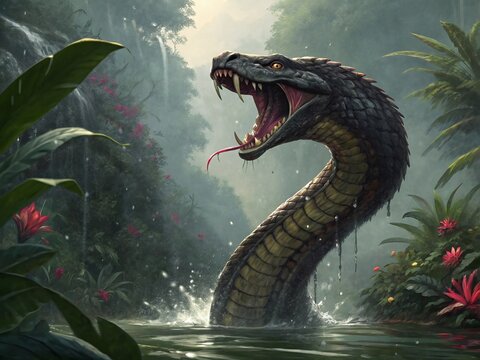 Majestic kaliya serpent rising from toxic waters in a lush green jungle