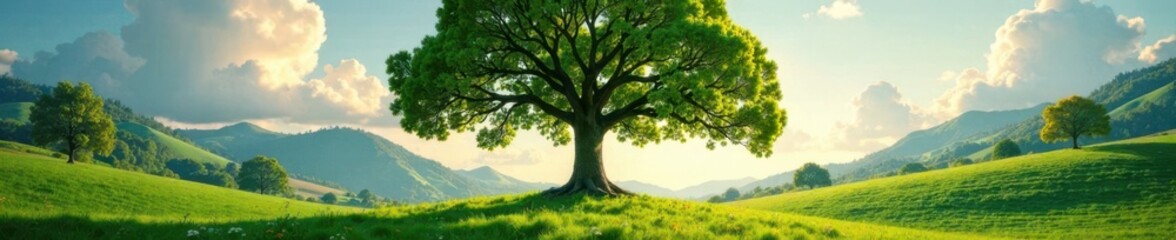 Obraz premium Nature background with a large tree in the center, sun, flowers