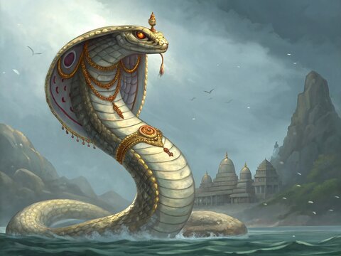 Majestic Vasuki rises from the water, showcasing power and grace near ancient temples