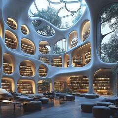Fototapeta premium Futuristic library interior with organic shapes and natural light.