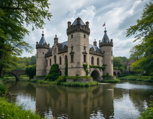 Naklejka premium Castle Surrounded by Water Reflections and Greenery on Overcast Day