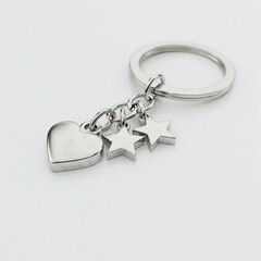 Minimalist silver keychain with 3D heart and star charms on a pure white background. Ideal for banners and e-commerce, with elegant metallic textures and space for text.