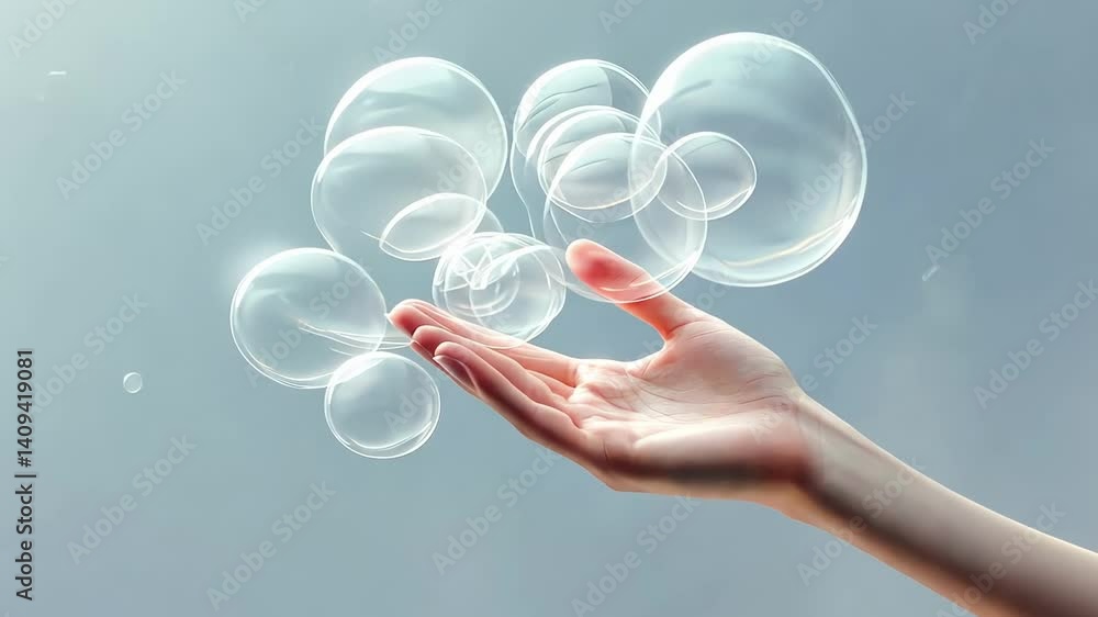 Poster Soap bubbles floating over an open hand against a light blue background create a serene and magical atmosphere, evoking themes of fragility, dreams, and playful moments