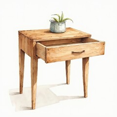 Botanical watercolor illustration of a wooden side table with drawer and plant pot, isolated.