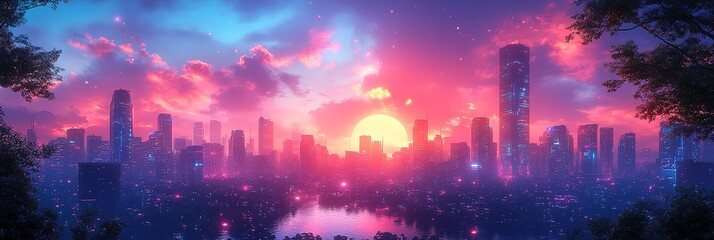 Obraz premium City skyline silhouette at sunset with colorful sky and trees in foreground.