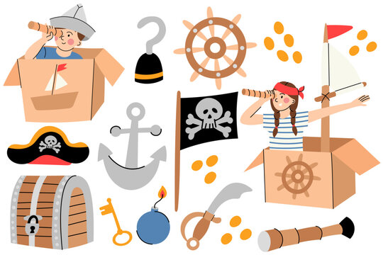 Kids pretend to be pirates with toys.  Children dressed as pirates in cardboard ships surrounded by pirate-themed toys like swords, maps and treasure.