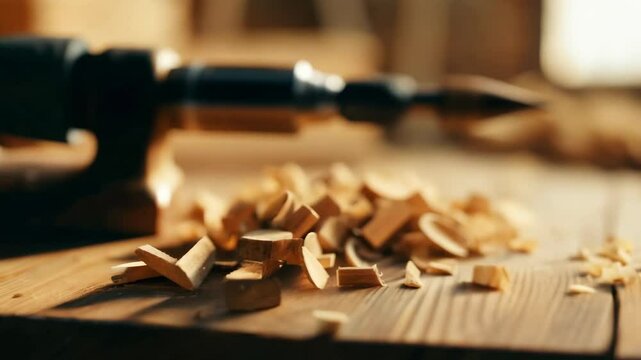 Spinning Woodworking Tool Tip Above Wood Shavings on Workshop Bench