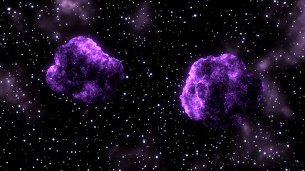 Two vibrant purple nebulae float against a backdrop of cosmic dust and stars.