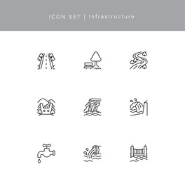 河川や海岸,道路などのインフラ線画アイコンセット