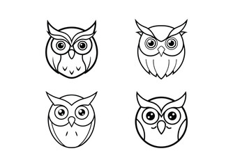 Owl face set icon  black outline on white background, minimalist, owl line art vector illustration 