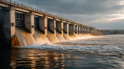 massive hydropower dam with cascading water flows golden sunset, showcasing its concrete structure and energy production