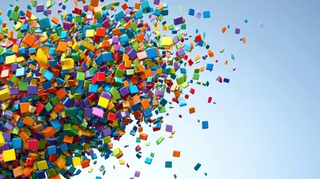 Colorful Cubes Form a Vibrant Cascade Against Sky Background, A Geometric Abstraction