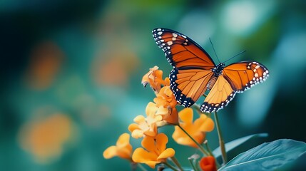 Fototapeta premium Orange Butterfly Perched On Yellow Flowers With Green Blurred Background