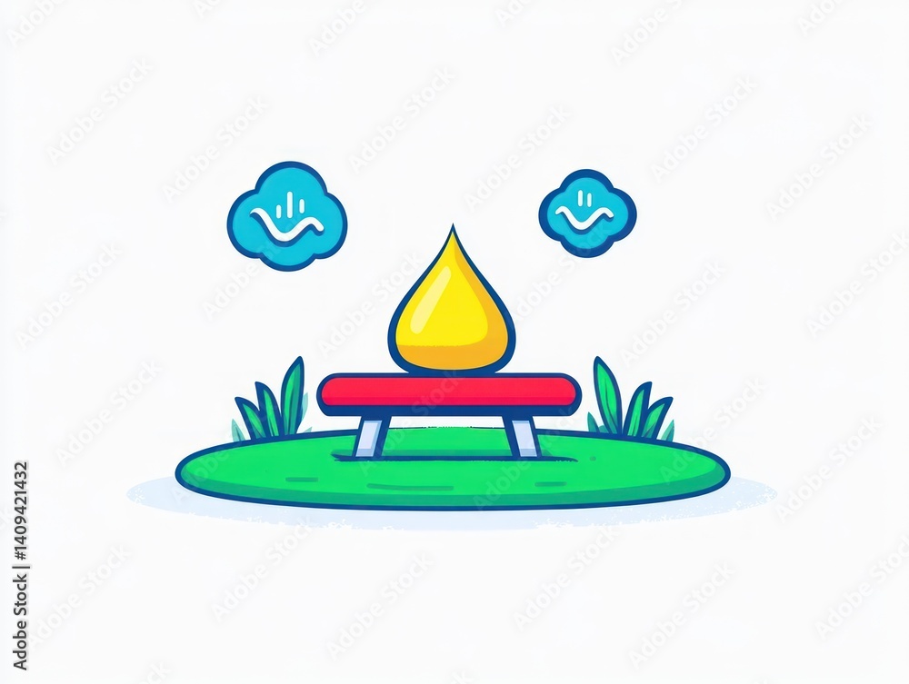 Poster a yellow drop rests on a small red picnic table in a grassy park setting