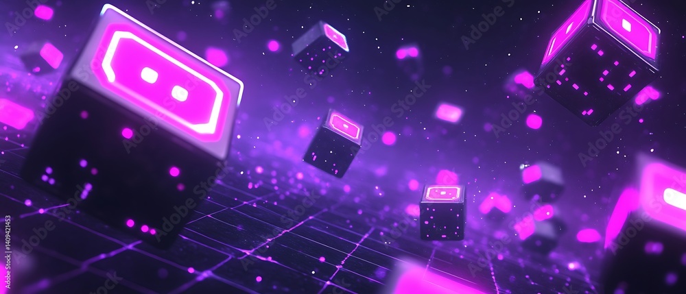Aufkleber abstract cubic elements with glowing edges in a hazy, surreal digital space