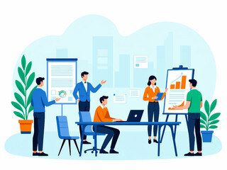 Vector illustration of a corporate team collaborating on a project with laptops and whiteboard presentation. Flat design style with professional colors.