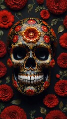 Floral sugar skull in Khokhloma style on dark background for Day of the Dead