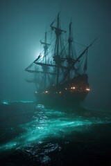Fototapeta premium A sailing ship is on the ocean in a dark and foggy environment.
