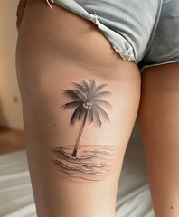 Palm Tattoo on Thigh: A detailed black and white tattoo of a palm tree on a thigh, with waves that look like sea on a woman's skin. A fusion of body art and nature.